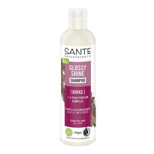 Fles Sante Glossy Shine Shampoo met biologische ingrediënten, geschikt voor dof en futloos haar, versterkt en geeft glans op natuurlijke wijze
