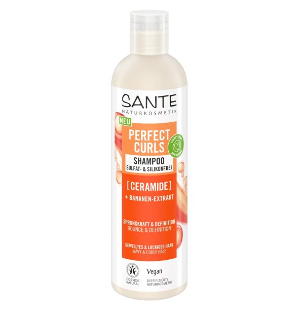 Fles Sante Perfect Curls Shampoo – natuurlijke shampoo voor krullend haar met bananenextract, zonder sulfaten of siliconen.