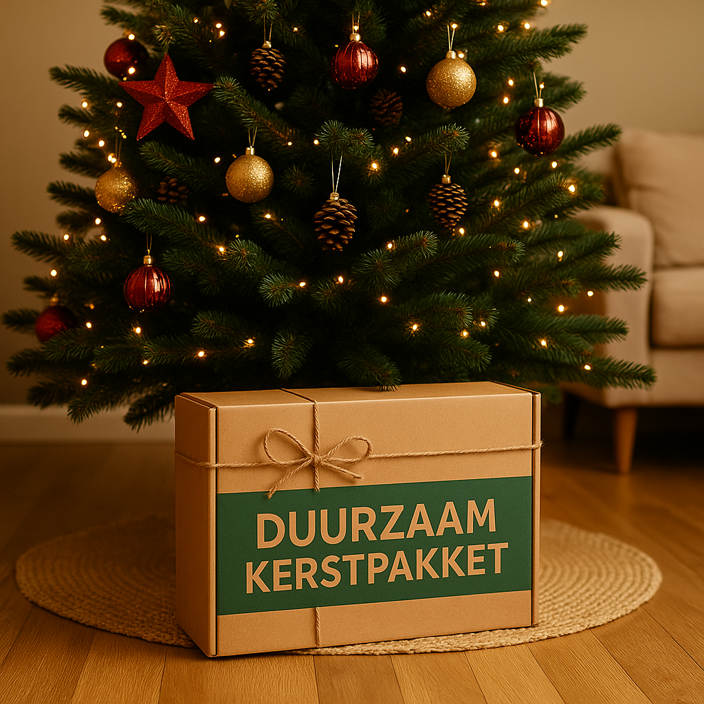 Feestelijk verpakte duurzame kerstdoos onder versierde kerstboom, symbool voor biologische en natuurlijke kerstpakketten van ZonderMeuk