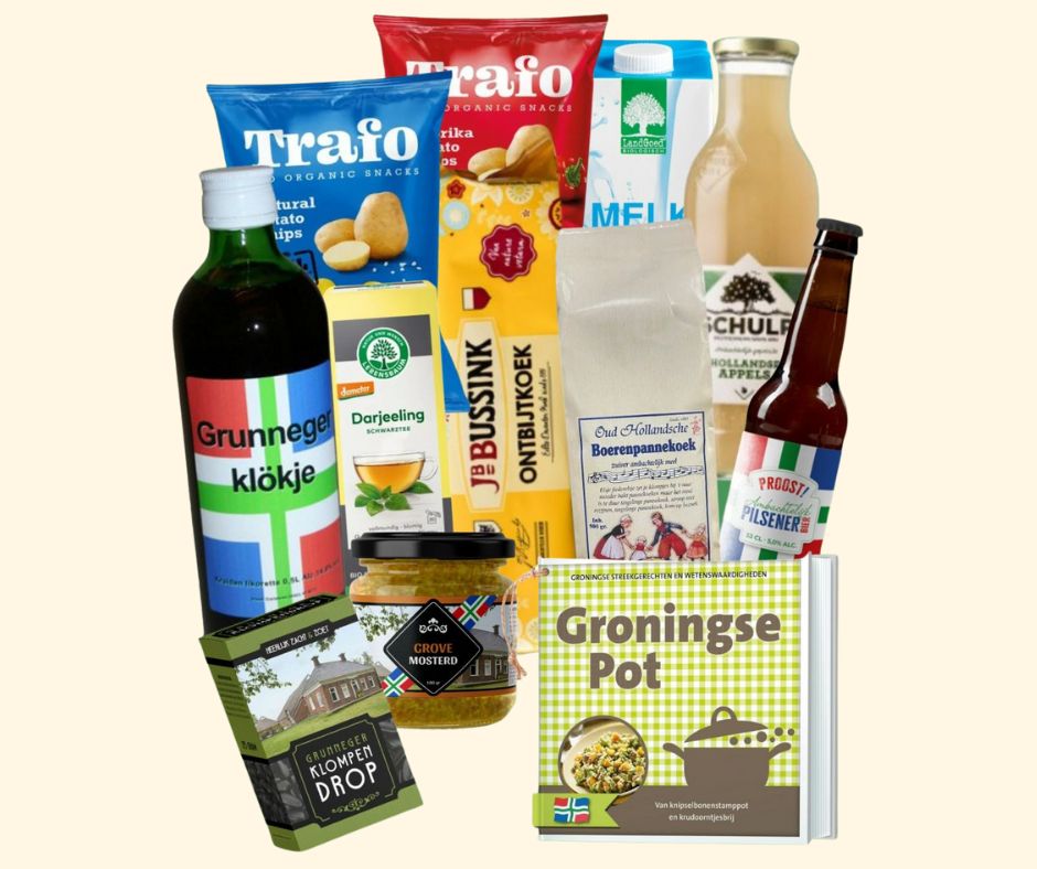 Kerstpakket Pronkjewail uut Grunn gevuld met Groningse streekproducten zoals mosterd, gunniger Klokje, Grunneger drop, ontbijtkoek, chips, bier en het kookboek Groningse Pot. Een authentiek kerstcadeau dat het gevoel van Groningen naar de feestdagen brengt.