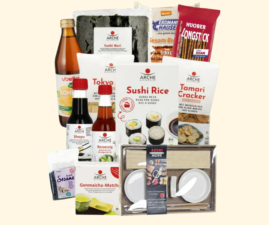 Een compleet kerstpakket Zen Nippon met authentieke Japanse producten zoals sushi-rijst, nori-vellen, sojasaus, rijstazijn, matcha-thee, crackers, sesam en een sushi-servies om zelf thuis sushi te bereiden.