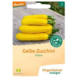 Bingenheimer biologische courgette Solara met gele cilindrische vruchten