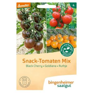 Bingenheimer snack tomatenmix zaden met rode paarse en gele tomaten Demeter