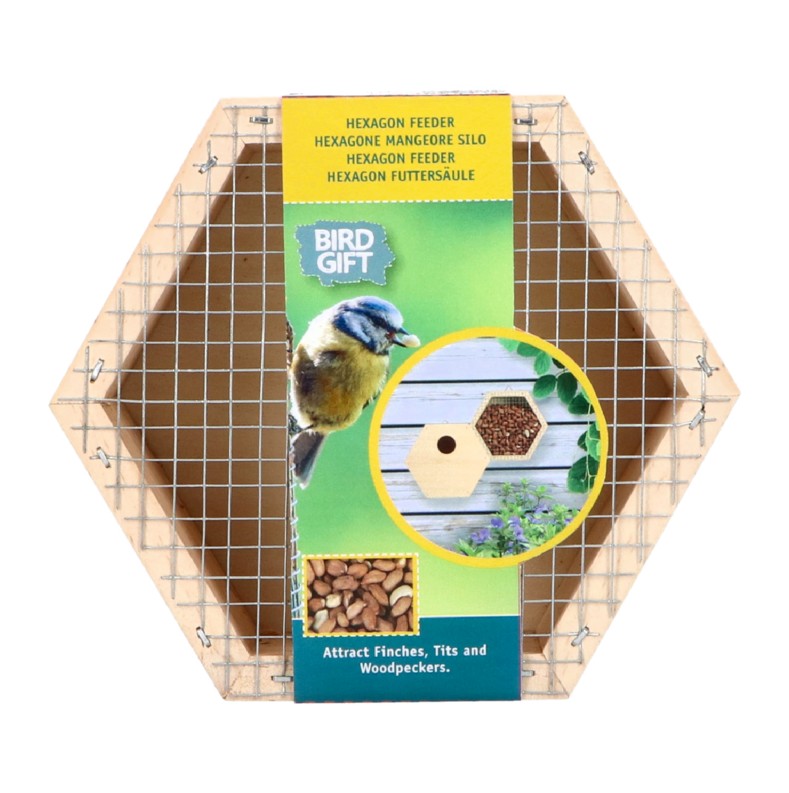 Hexagon feeder voor het bijvoeren van vogels of als schuilplek voor insecten.