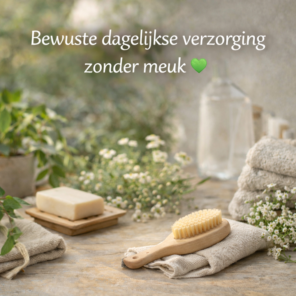 Rustige badkameromgeving met natuurlijke materialen die bewuste dagelijkse verzorging zonder meuk symboliseert