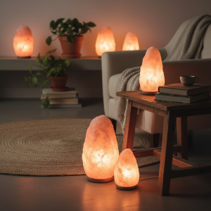 Himalaya zoutkristallamp die warm, diffuus licht geeft en zorgt voor een natuurlijke sfeer in de woonkamer