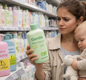 Moeder die het etiket van een babyverzorgingsproduct leest terwijl ze haar baby vasthoudt, in een winkelschap met producten die als mild en veilig worden gepresenteerd.