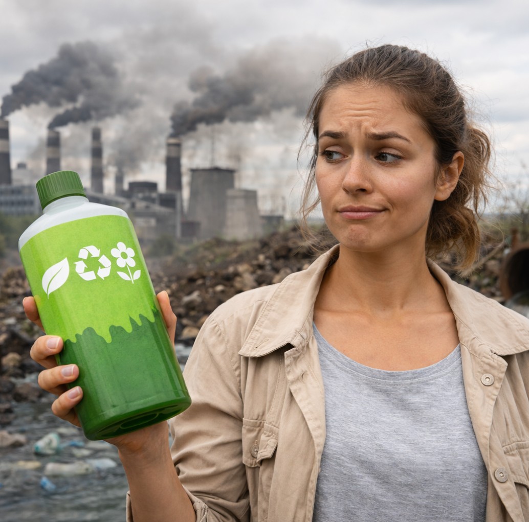 Groen ogend duurzaam product met eco-labels, terwijl onder de oppervlakte vervuiling, afval en industriële uitstoot zichtbaar zijn – visuele weergave van greenwashing.